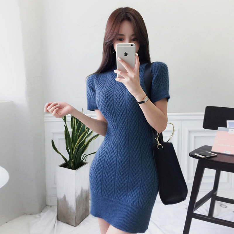 

BacklakeGirls 2020 Vintage High Neck Short Sleeve Women Short Sweater Dress Elastic Elegant Blue Pink Knitting Dress Vestidos, Pink one size