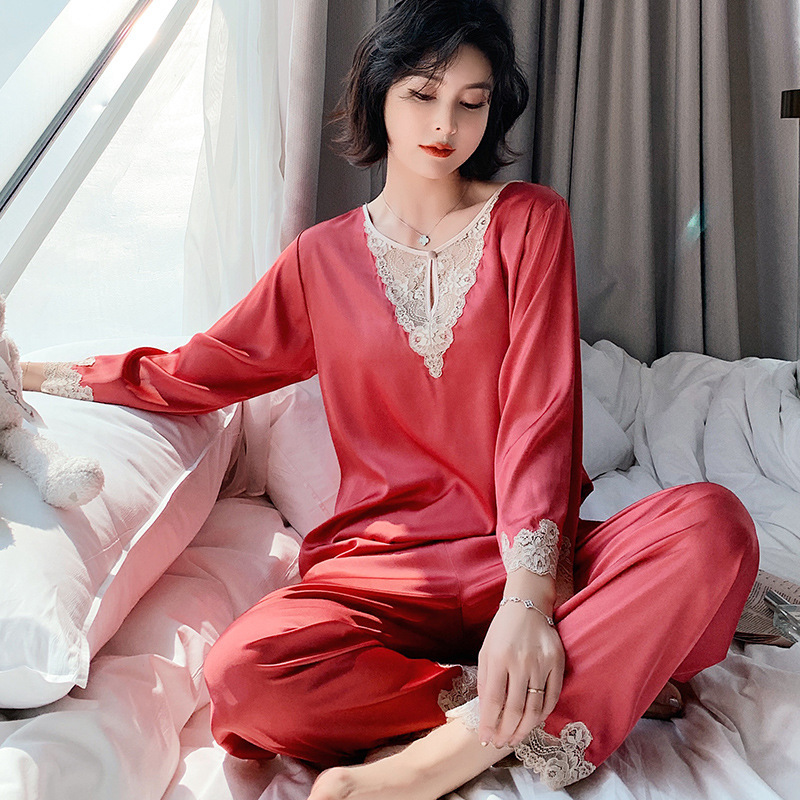 

Sexy Lace Women Long Sleeve Pajamas Set Female Shirt&Pants Casual Satin 2PCS Sleepwear Pyjamas Silky Sleepwear Home Clothes, Red
