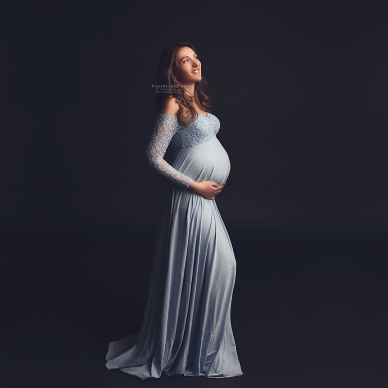 

New Maternity Photography Lace Chiffon Dress Pregnant Party WeddingTailing Photo Shoot Pregnancy Women Fashion Bat Sleeves Dress, As the picture