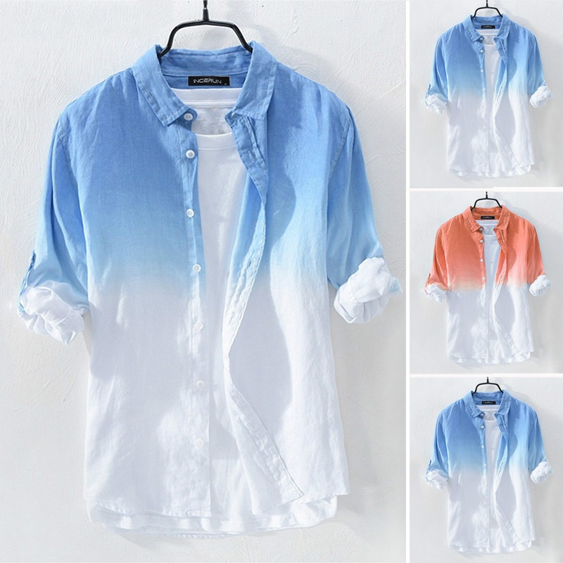 

Januarysnow 100%Cotton Men's Long Sleeve Fresh Gradient Shirt Autumn Casual Top fashion casual shirt, Orange