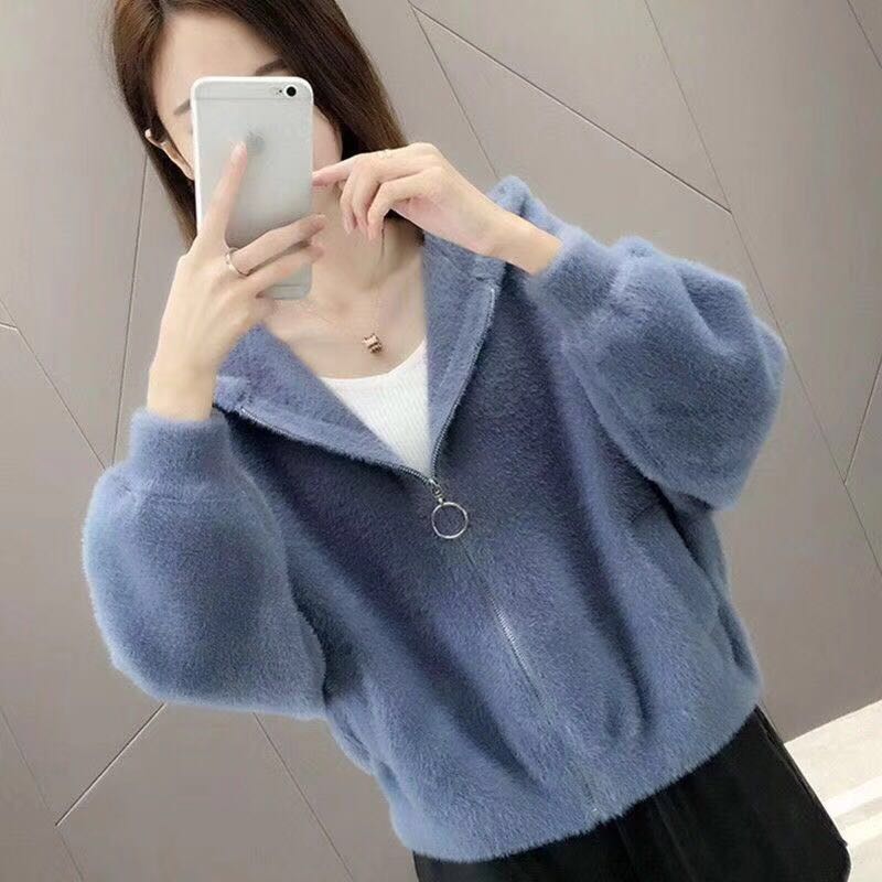 

Women Faux Coat Hooded Fluffy Sweater Jacket Shaggy Mohair Cardigan Long Sleeve Knitted Zipper Jacket Ropa Invierno, Red