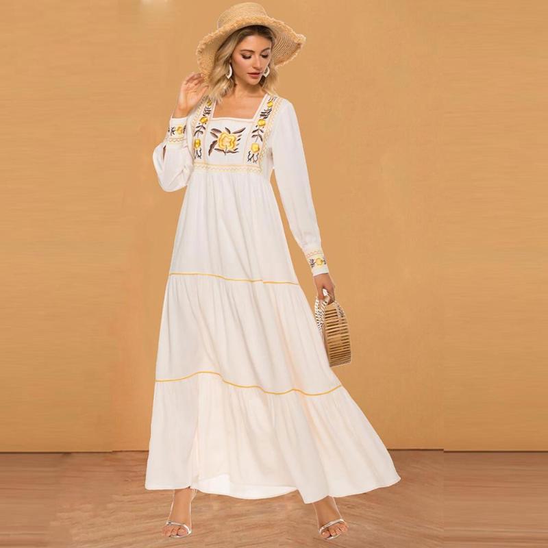 

boho floral embroidery dress long sleeve Ramadan Eid Dubai Kaftan Abaya African dashiki For Women Robe plus size VKDR2074