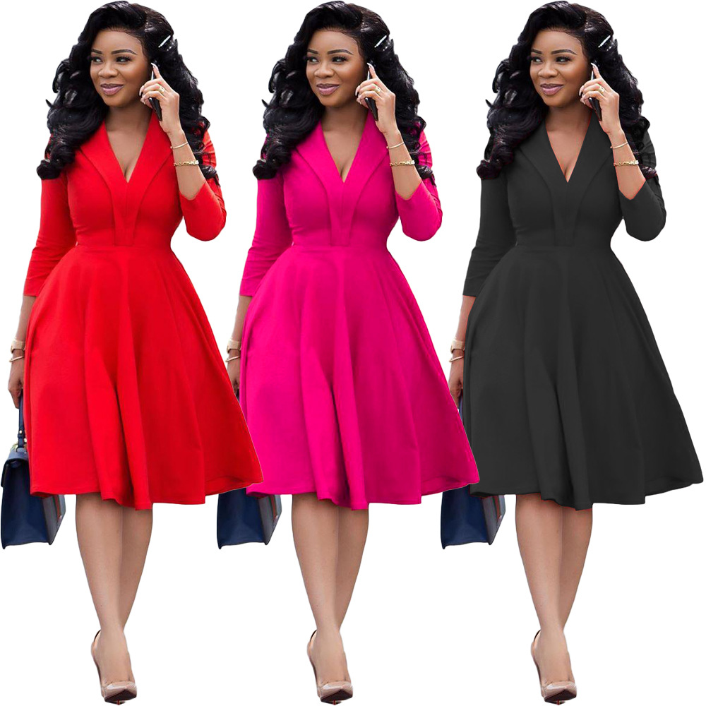 

Fashion Designer Women Casual Dress Sexy V Neck Solid Color Long Sleeve A Line Pleated Knee Length Party Dress Streetwear Vestidos, Black