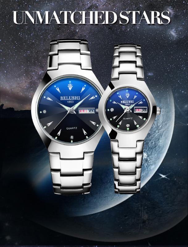 

Wristwatches Couple BELUSHI Black Steel Band Watch Road Dual Calendar Luminous Blu-ray Waterproof Model
