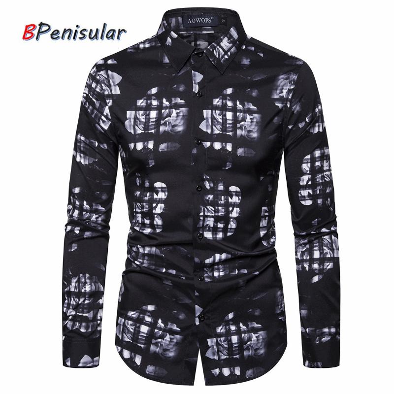 

2020 Spring Men Plaid Shirts Long Sleeve Casual Slim Fit Korean Streetwear Flower Print Floral Blouses Man Button Down Shirt, As pic
