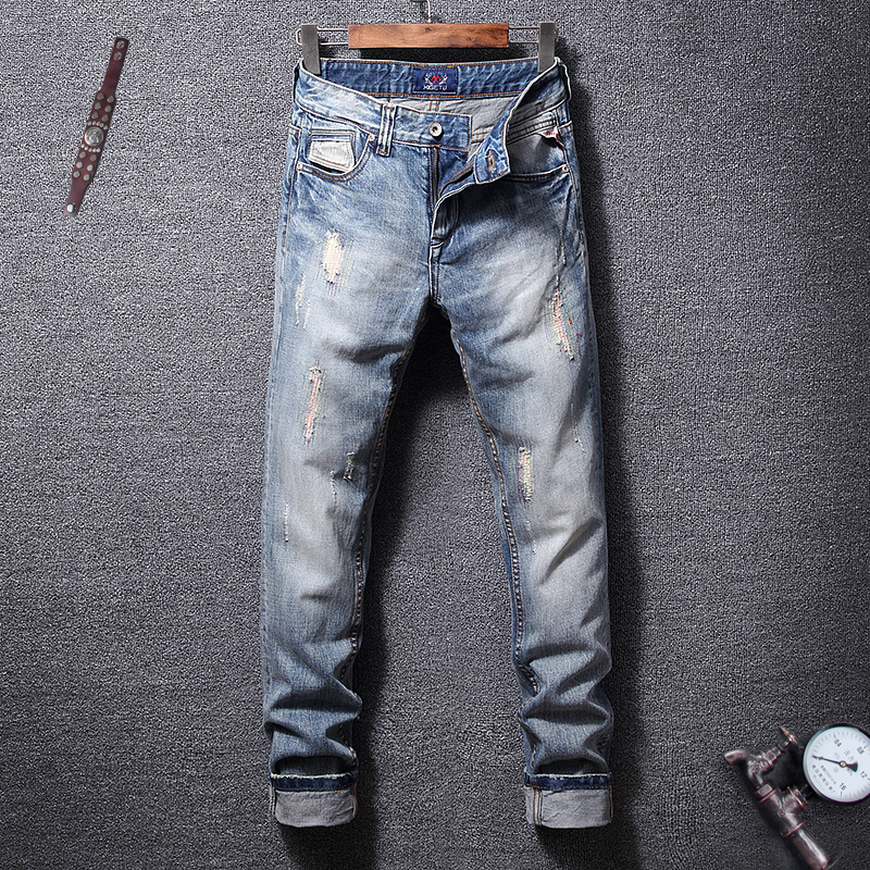 

Fashion Streetwear Men Jeans Retro Blue Slim Fit Embroidery Ripped Jeans Men Patchwork Hip Hop Pants Streetwear Classical
