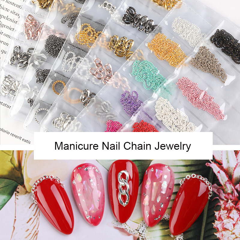 

6 Types Nail Art Accessory Alloy Chains 3D Nail Decorations Studs Manicure Wraps DIY Design Polish Metal Crystal Jewelry