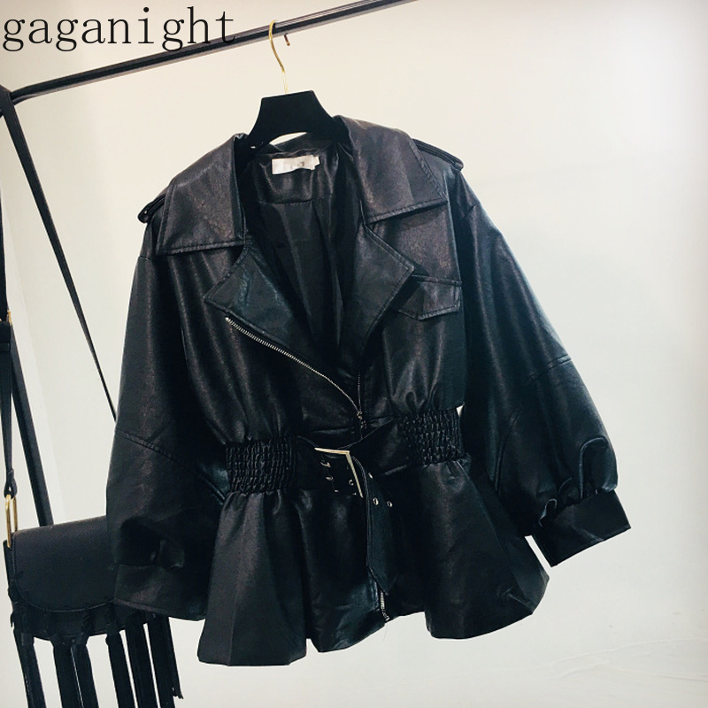 

Gaganight Autumn PU Leather Jacket Women Fashion Black Motorcycle Coat Ruched Sash Faux Leather Soft Jacket Girls Chaqueta Mujer
