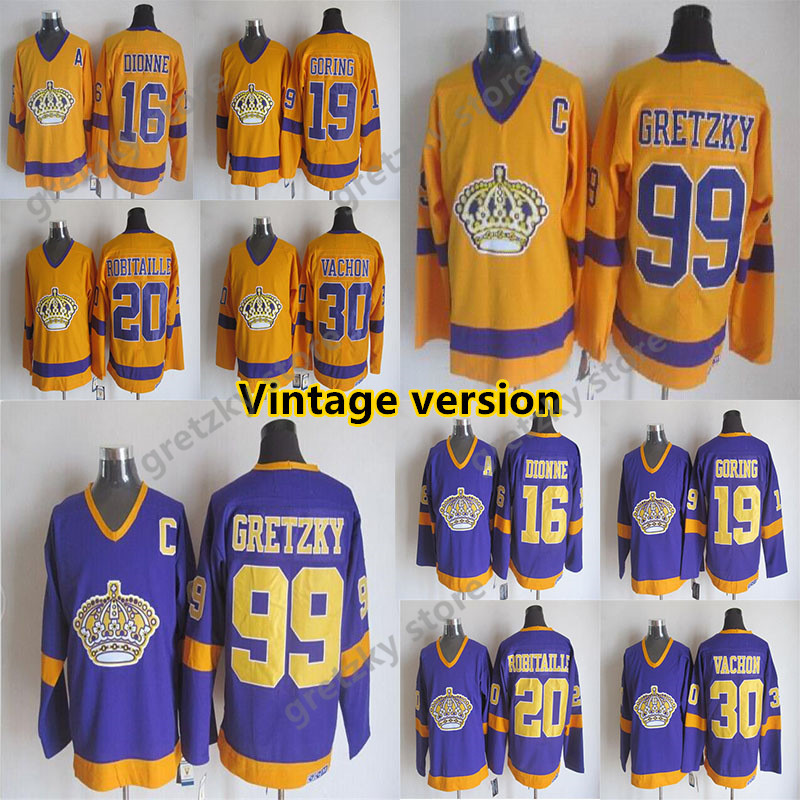 

Men's Los Angeles Kings yellow and purple Vintage version jerseys 99 GRETZKY 16 DIONNE 19 GORING 20 ROBITAILLE 30 VACHON CCM Hockey jersey, White
