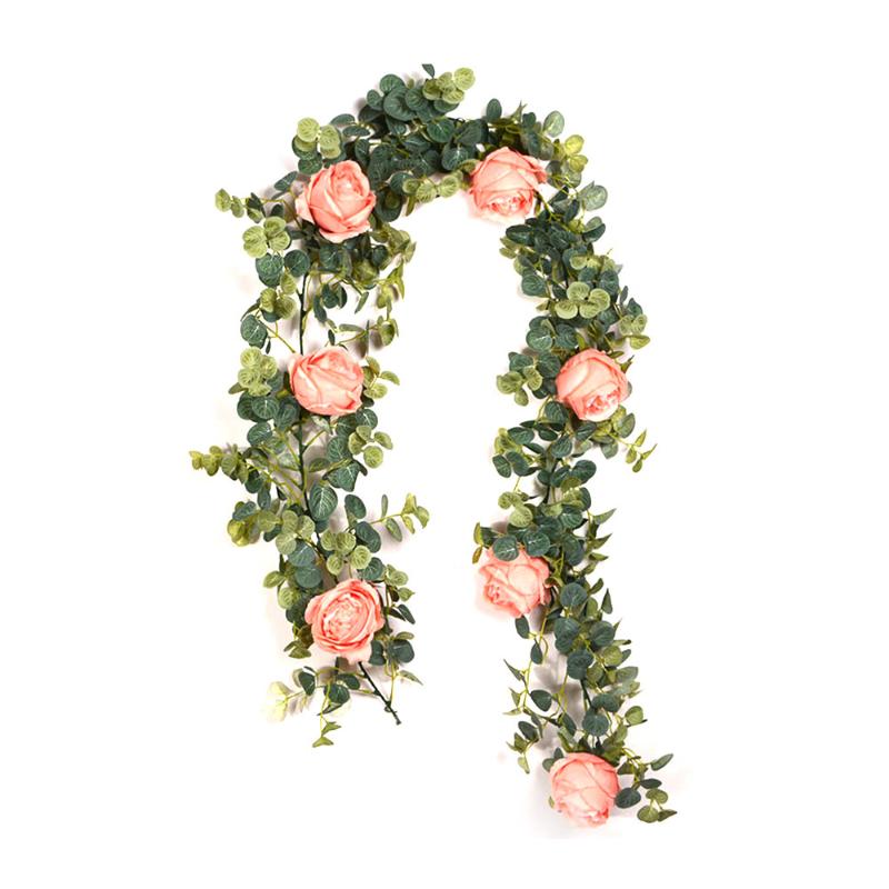 

Artificial Garland Simulation Ross Flower Eucalyptus Greenery Wreath Wedding Backdrop Wall Hanging Decoration, As shown