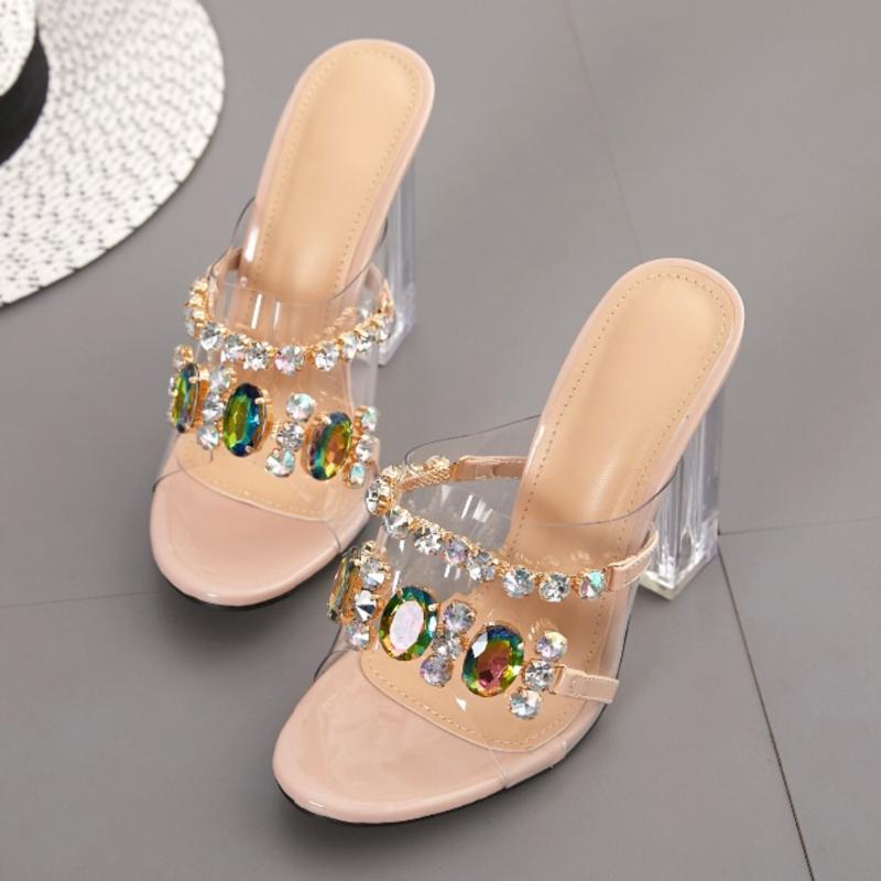 

Summer Fashion Crystal Diamond Slides Clear PVC Transparent Slippers Women Shoes Peep Toe High Heels Mules Dress Pumps, Apricot