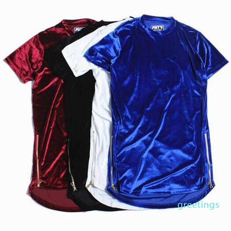 

New Fashion Hi-Street Men Extended Shirt Velour Mens Hip Hop Longline T Shirts Golden Side Zipper Velvet Curved Hem Tee Black Red, Blue