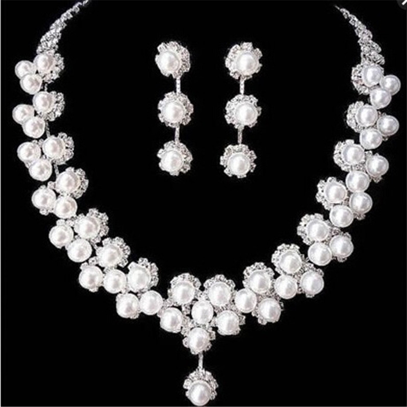 Elegant Bridal Pearls Jewelry Set Bride Necklace Earring With bling Sliver Crystal Wedding Party Accessories Two Pieces Set-image-516844069