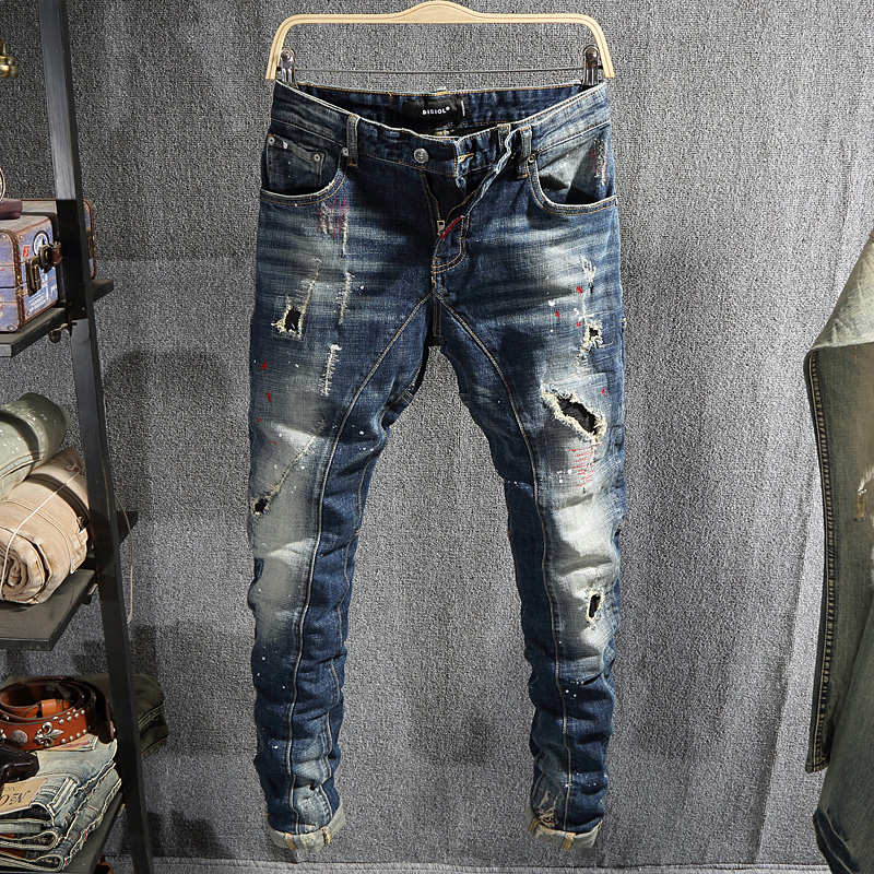 

Italian Style Fashion Men Jeans Retro Dark Blue Destroyed Ripped Jeans Men Denim Punk Pants Streetwear Hip Hop Homme, Retro blue