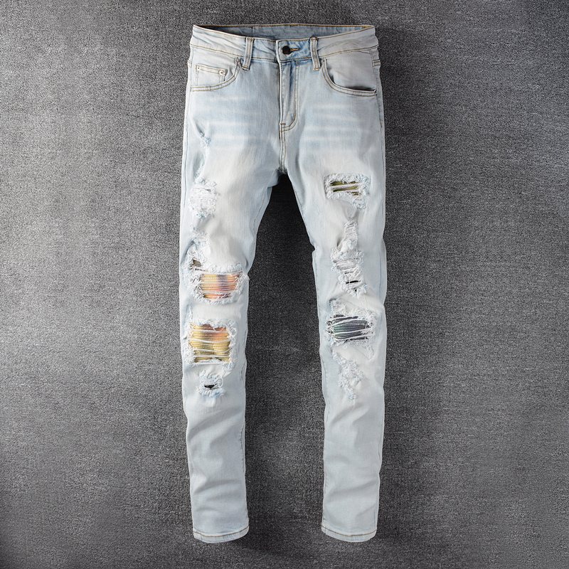 

Fashion Streetwear Men Jeans Light Blue Destroyed Slim Fit Ripped Jeans Men Denim Punk Pants Patchwork Designer Hip Hop