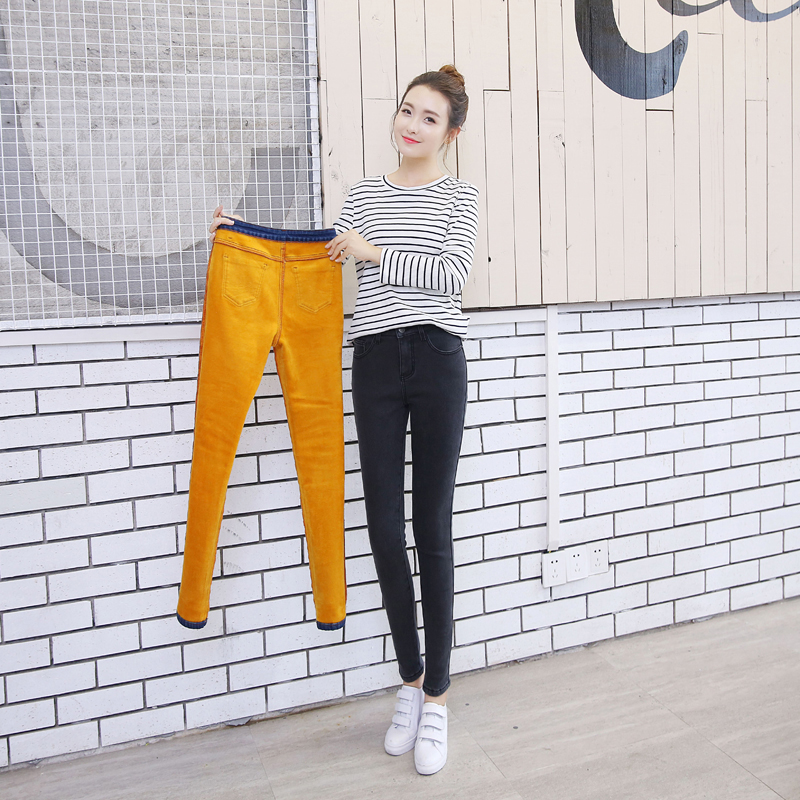 

Jeans women with velvet high waist pencil pants thickening 2019 Korean version new fashion Slim large size stretch long pants, Black