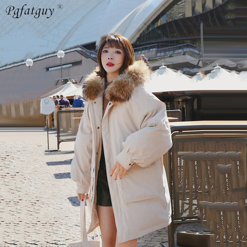 

New 2018 Winter Beige Jacket Women Big Fur Collar Hooded Thicken Warm Long Jacket Female Loose Outerwear Parka Chaqueta Feminino