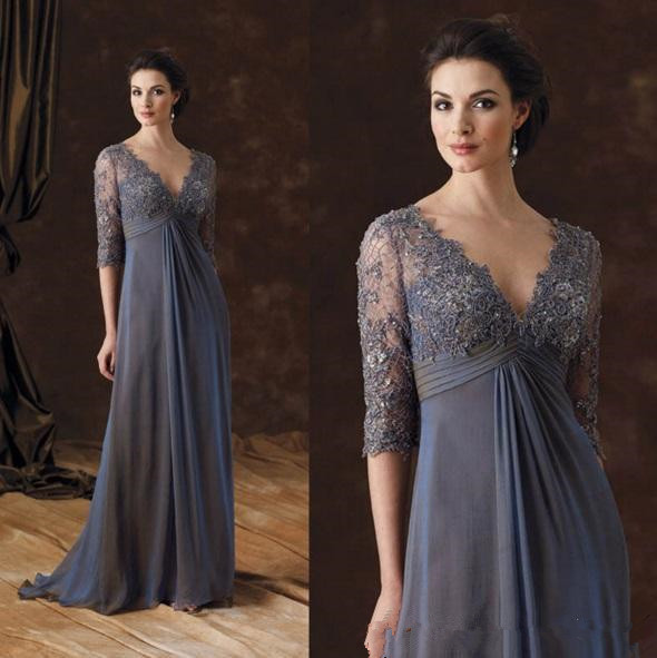 

Empire Waist Mother of the Bride Dresses Lace Half Sleeves Formal Evening Gowns V Neck Ruched Chiffon Long Wedding Guest Dress