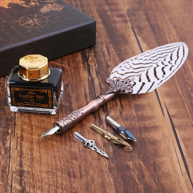 

Drop Ship&Wholesale Vintage Feather Quill Dip Pen Fountain Pens With Ink +3 Nibs Set Stationery Gift Nov.8, Red