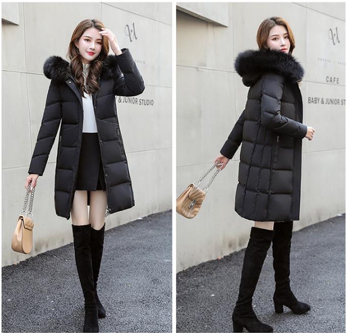 

Women Winter Jacket Ladies Real Raccoon Fur Collar Duck Down Inside Warm Coat Femme With All The Tag Slim Fit Outdoor Parka, Black