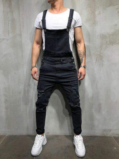 

Fashion New Hot Men Distressed Denim Carpenter Overalls Bib Jumpsuits Destroyed Biker Jean Pants, Black