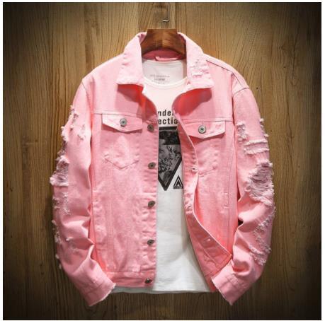 

Denim Jacket Men Ripped Holes Mens Pink Jean Jackets New Garment Washed Mens Denim Coat Designer Clothes