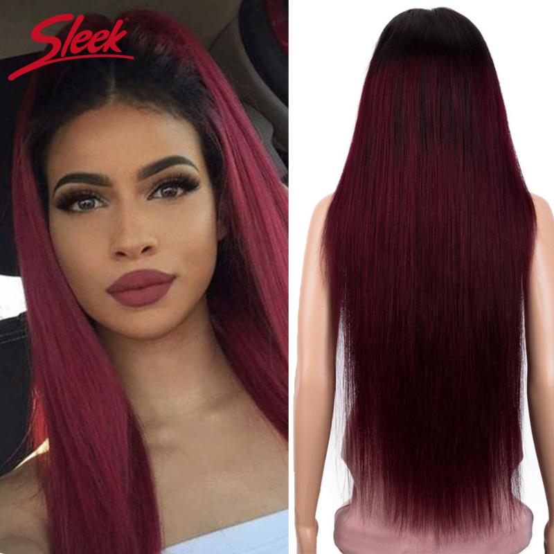 

Sleek Brazilian Remy 13x4 Lace Front Human Hair Wigs Long 30 Inch Ombre T1B/99J Straight 150% Density Pre Plucked With Baby Hair
