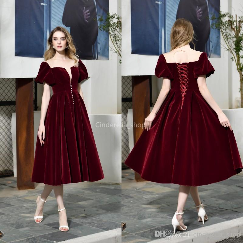 

Vintage Burgundy Velvet Tea Length Evening Dresses Short Sleeves Lace-Up Back A-Line Formal Prom Party Gowns Robe De Soriee, Same as picture
