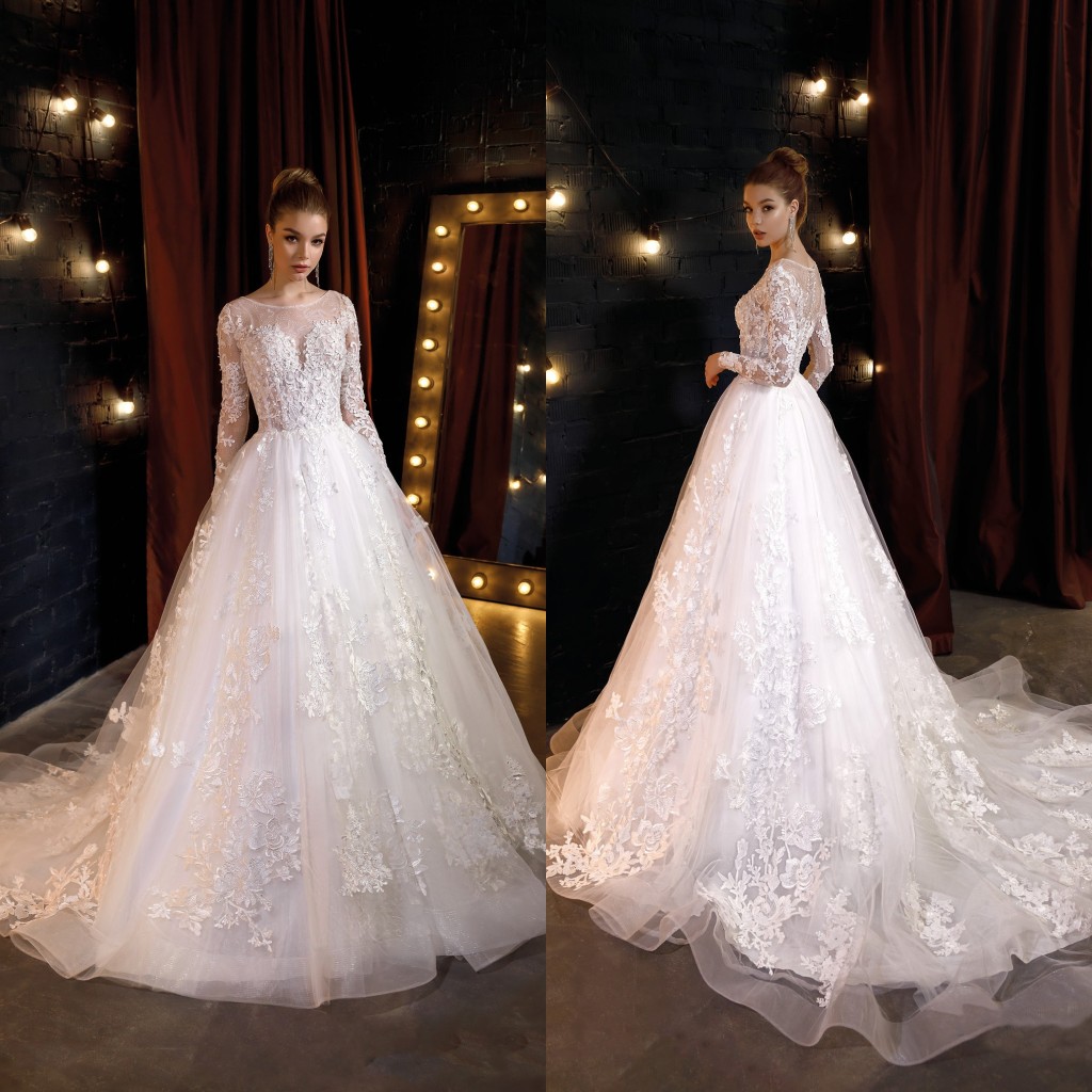 

2020 Wedding Dresses Jewel Long Sleeves Lace Appliques Beach Bridal Gowns Custom Made Button Back Sweep Train A Line Wedding Dress, Black