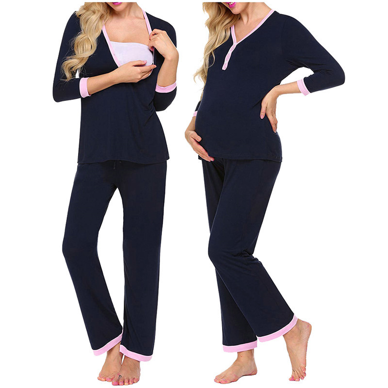 

Maternity Nusring Baby Pajamas pregnancy sleep suit pregnant Breastfeeding 3/4 sleeve Nightwear Women clothes set Sleepwear, Black