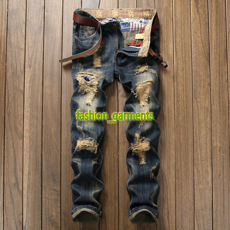 

Fashion Mens Hole Jeans Straight Slim European And American Street Style Jeans stylist Personality Hole Trousers, Blue #928