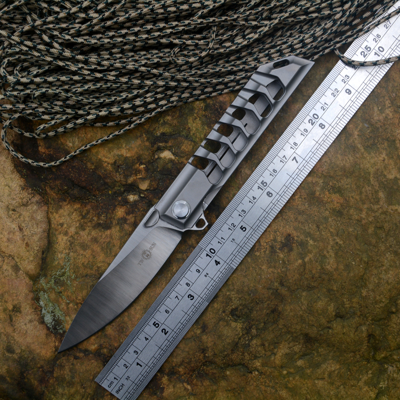 

TWOSUN TS100 flipper folding knife M390 blade ceramic ball bearing washer one solid TC4 handle outdoor camping hunting pocket knife EDC tool
