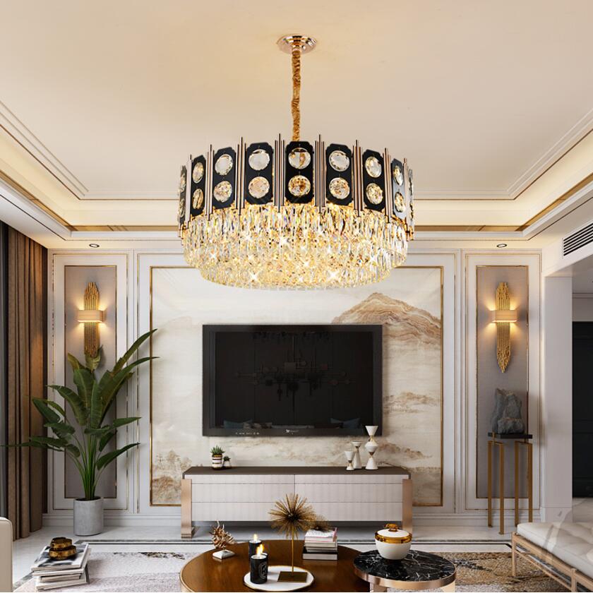 

Modern crystal LED chandelier living room round black chandelier creative simple Nordic restaurant bedroom lamp