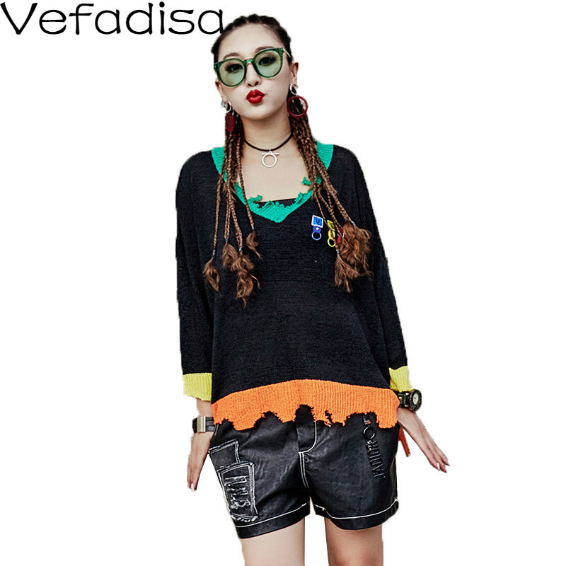 

Vefadisa Hole Big Size Sweater Women 2020 Patchwork V-Neck Long Sleeve Irregular Pullover Sweater Black New Spring Tide QYF1839