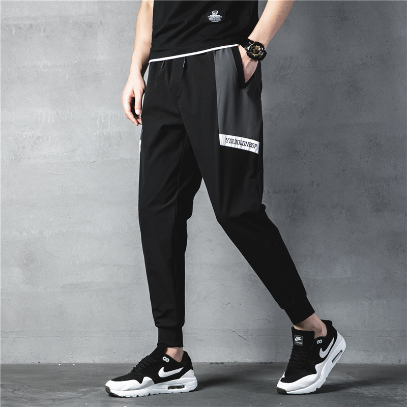 

New Sports Pants Men Feet Pants Mens Bottoms Fashion Trend Street Hip Hop Male Stitching Stripes 2020, Black