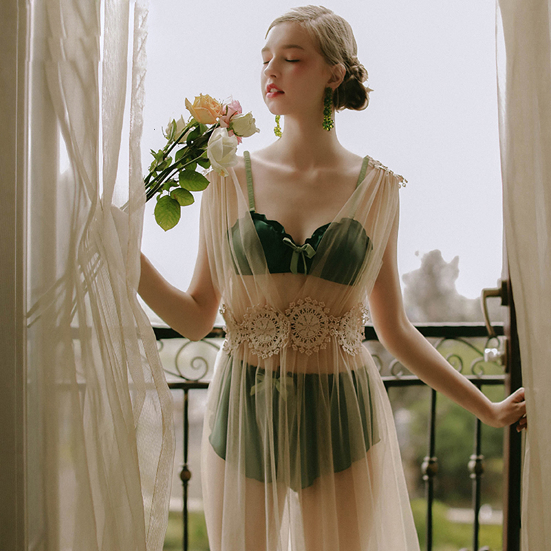 

5colors High Quality Sexy Lingerie Net Gauze Lace Embroidery Sheer Long Night Dress Nightgowns Sleepshirts Women Nightwear V191213, Red