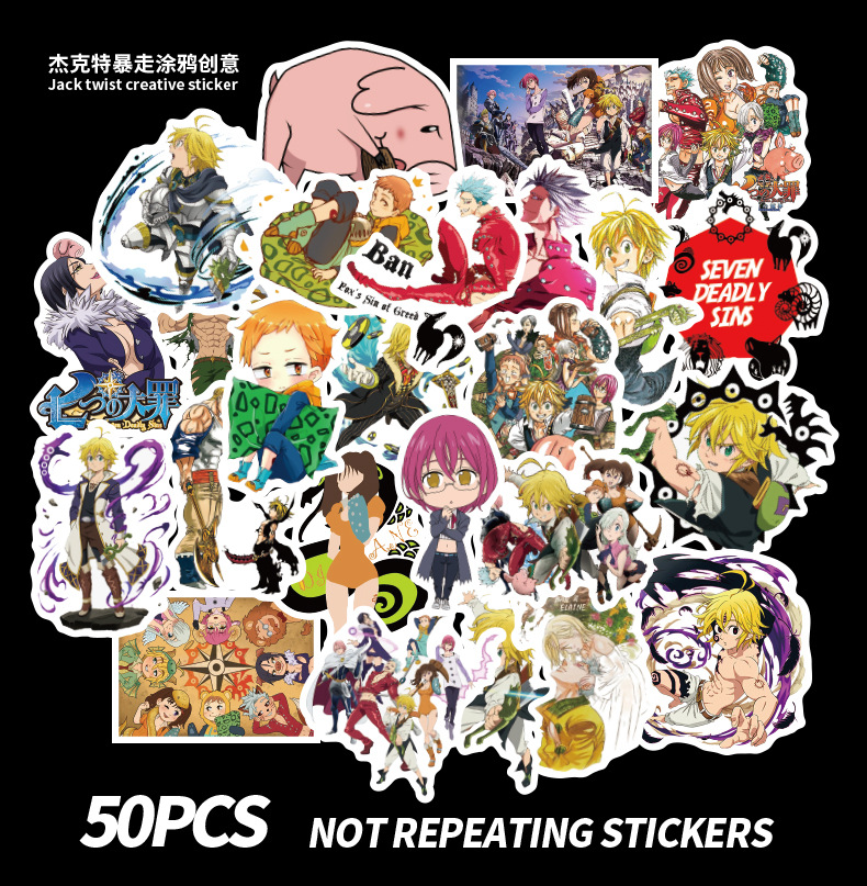 

50 pcs/Lot Mixed Car Stickers Seven Deadly Sins For Skateboard Laptop Helmet Stickers Pad Bicycle Bike PS4 Notebook Fridge Guitar Pvc Decal, Multi colors