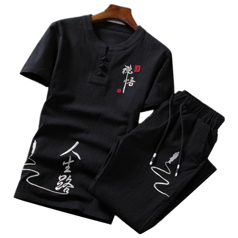 

2020 New Chinese Retro Style Men's Embroidery Sets Summer Loose Comfortable Men Cotton Linen Short-sleeved T-shirt + Trousers, Black