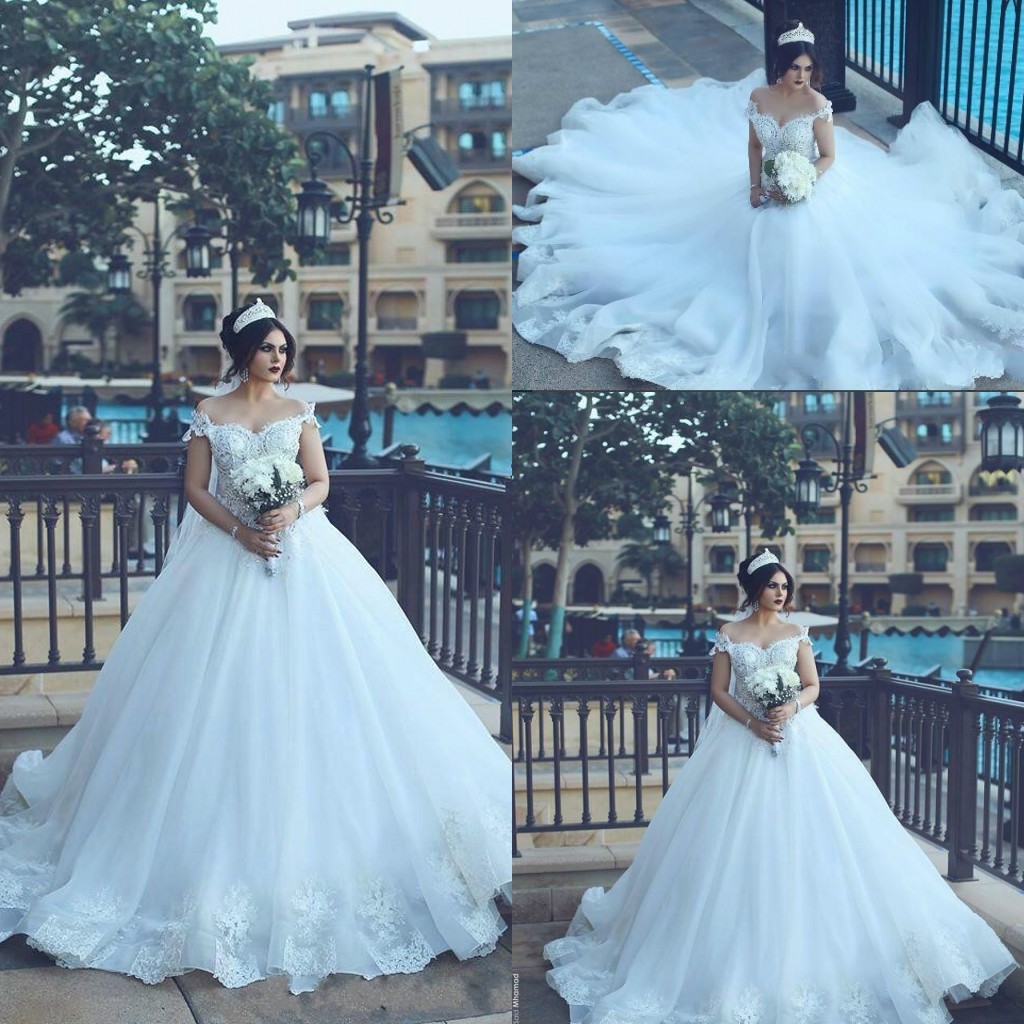 

2019 Said Mhamad Arabic Dubai Wedding Dresses Off-the-Shoulder with Beads Vintage Lace Vestido De Novia Appliques Court Train Bridal Gowns, Pink