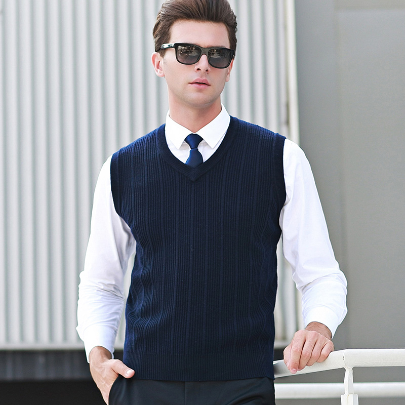 

New Men' Sweater Vest Autum&Winter Pure Wool Striped Sweater Sleeveless Vest Smart Casual Pullover Men, Dark grey