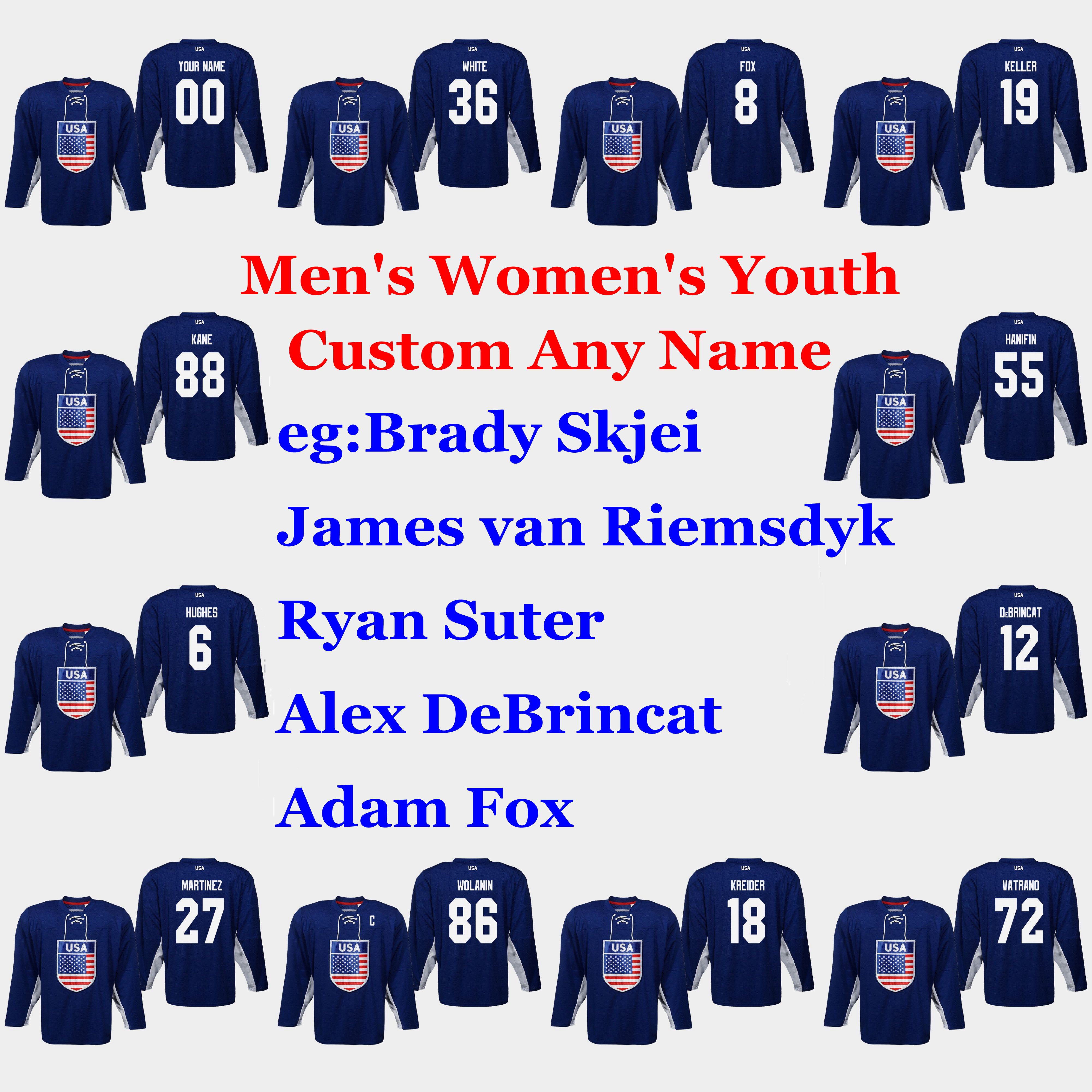 

2019 IIHF World Championship USA Hockey Jerseys Patrick Kane Jersey Jack Hughes Brady Skjei van Riemsdyk Luke Glendening Custom Stitched, Womens navy