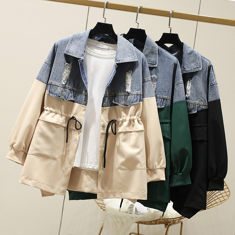 

Spring 2020 New Large size 4XL Women's Trench Coat Waist Drawstring Slim Denim Colorblock Female Windbreaker Loose Casual Tops, Black