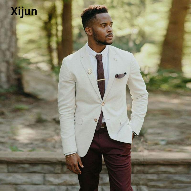 

Xijun Groom Tuxedo 2 Pieces Ivory Men Suits Burgundy Pants Notched Lapel Terno Masculino Slim Fit Man Attire Groomsmen Blazer, Gray