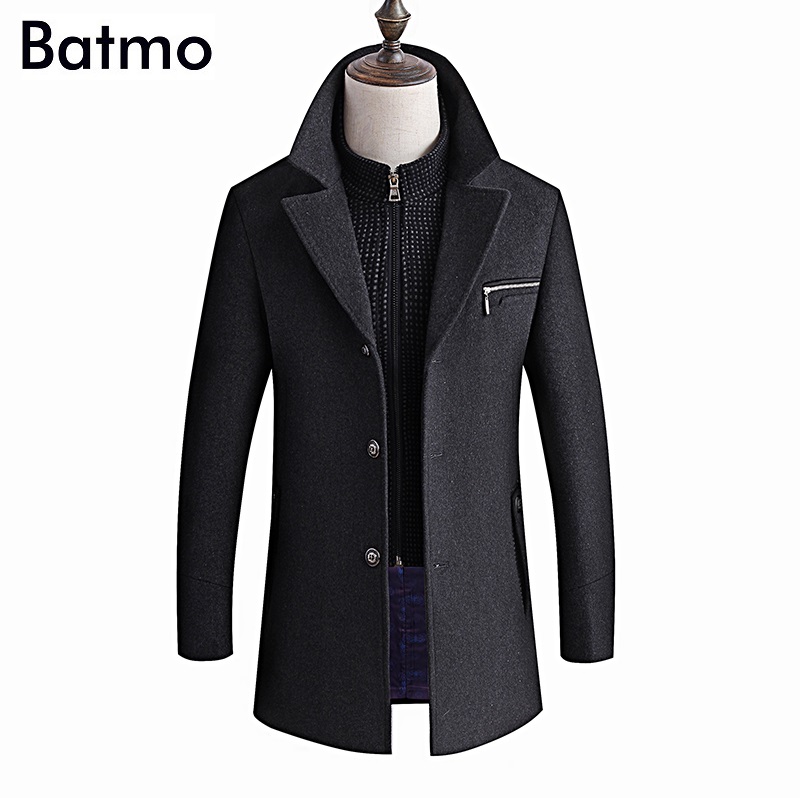 

BATMO 2019 new arrival winter high quality wool thicked trench coat men,men's gray wool jackets ,plus-size -6XL,8863, Black