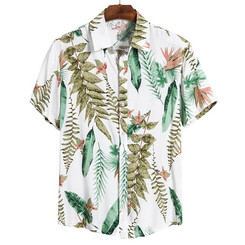 Mens Shirt Short Sleeve Loose Floral Hawaii Leisure Vacation Beach Flower Shirt