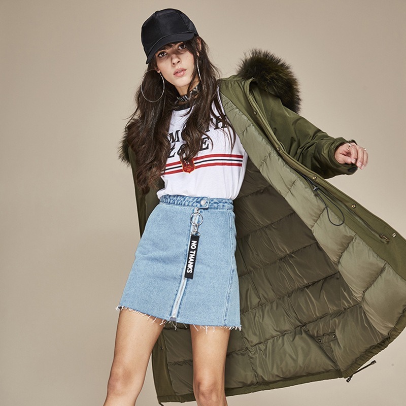 

95% White Duck Down Coat Oversized Winter Coat Women Jacket Raccoon Fur Collar Korean Puffer Jacket Casaco 870601 YY1327, Army green