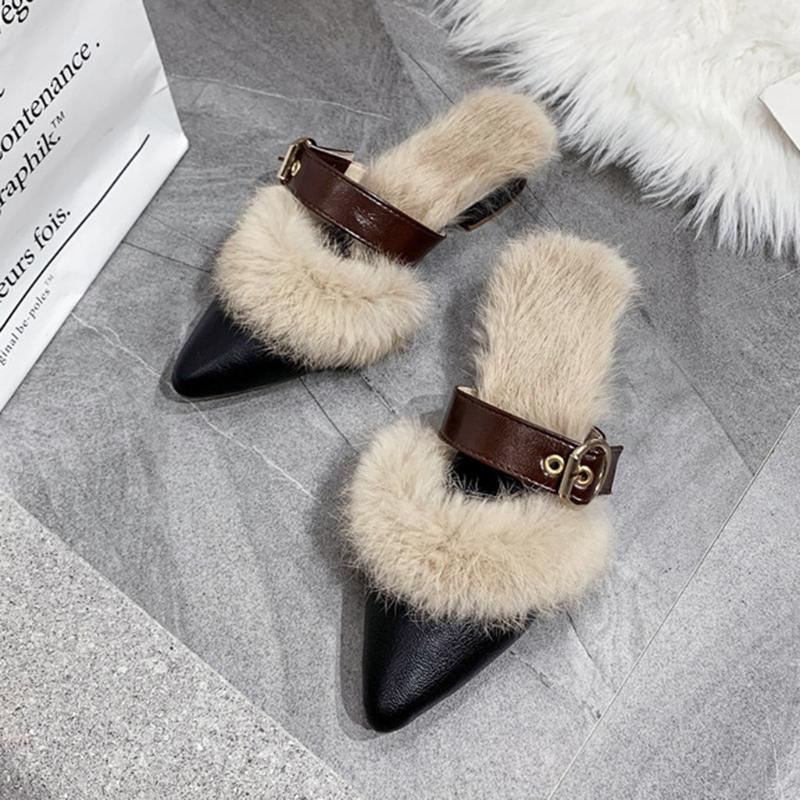 

Fall/Winter Vintage Fashion Women Pointed Toe Slipper Plush lining Low Heels Outsides Ladies Slides Mules Shoes, Bk