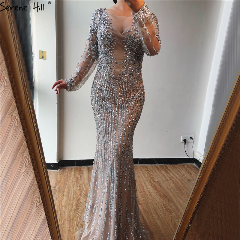 

Serene Hill Luxury Silver O-Neck Mermaid Evening Dress 2020 Long Sleeves Sparkle Sequins Beading Formal Party Gown CLA70249