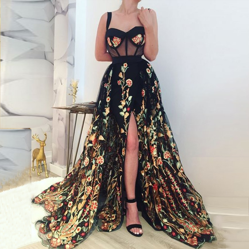 

Black Flowers Tulle Long Evening Dresses Sweetheart Spaghetti Straps Split Floor Length Illusion Prom Dresses Formal Party Gowns, Lavender