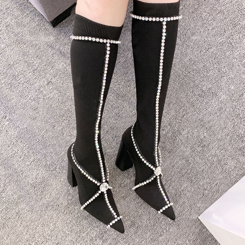 

Womens Pointed Toe Knitted Knitting Over Knee The Thigh Boots Rhinestones Ctystal Chunky High Heel Shoes Black Stretchy